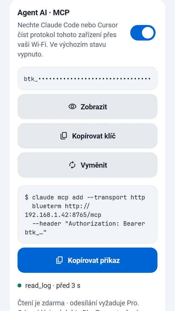 Panel Agent AI (MCP) v BlueTerm s přístupovým klíčem a příkazem ke zkopírování do klienta MCP
