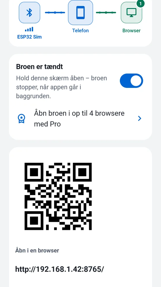 BlueTerms skærm Bro med broen slået til, en QR-kode og den lokale adresse, der skal åbnes i en browser