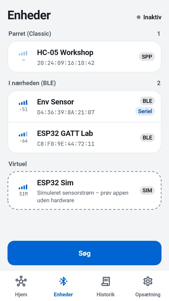BlueTerms enhedsliste med parrede Classic-enheder, BLE-enheder i nærheden og simulatoren