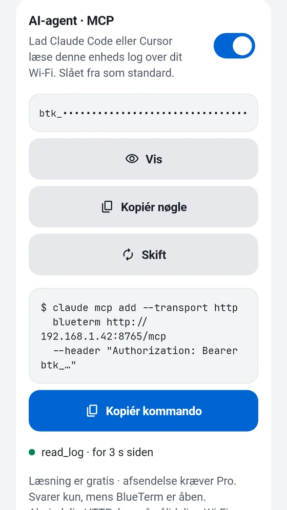 BlueTerms panel AI-agent (MCP) med adgangsnøglen og kommandoen, der skal kopieres til en MCP-klient