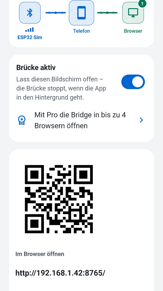 BlueTerm-Bildschirm „Brücke“ mit eingeschalteter Brücke, QR-Code und der lokalen Adresse zum Öffnen im Browser