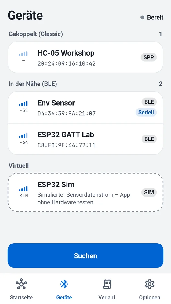 BlueTerm-Geräteliste mit gekoppelten Classic-Geräten, BLE-Geräten in der Nähe und Simulator
