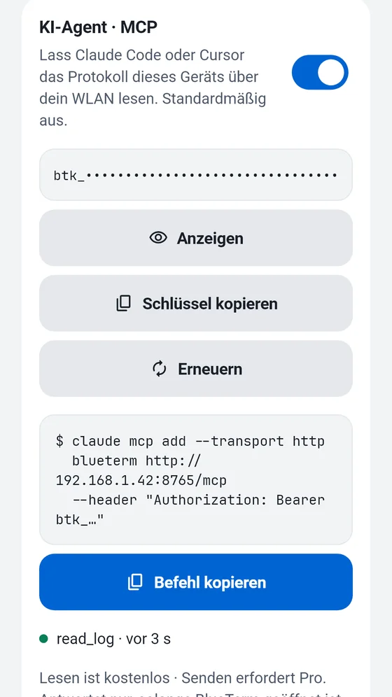 BlueTerm-Bereich „KI-Agent (MCP)“ mit Zugriffsschlüssel und dem Befehl zum Kopieren in einen MCP-Client