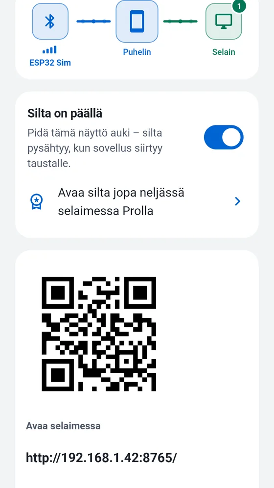 BlueTermin Silta-näkymä, jossa silta on päällä, QR-koodi ja selaimessa avattava paikallinen osoite
