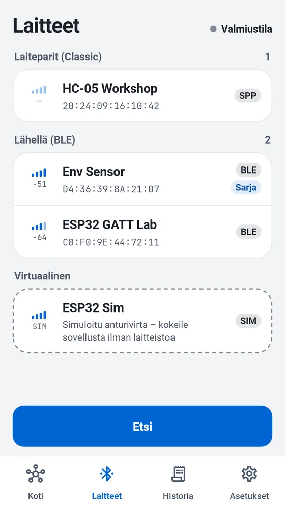 BlueTermin laiteluettelo, jossa on paritettuja Classic-laitteita, lähellä olevia BLE-laitteita ja simulaattori