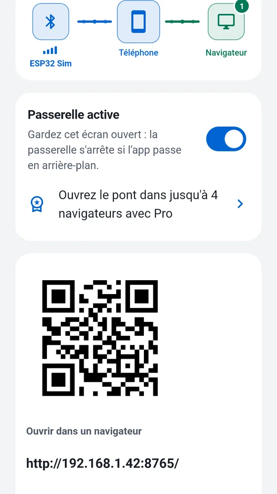 Écran Passerelle de BlueTerm avec la passerelle activée, un QR code et l'adresse locale à ouvrir dans un navigateur