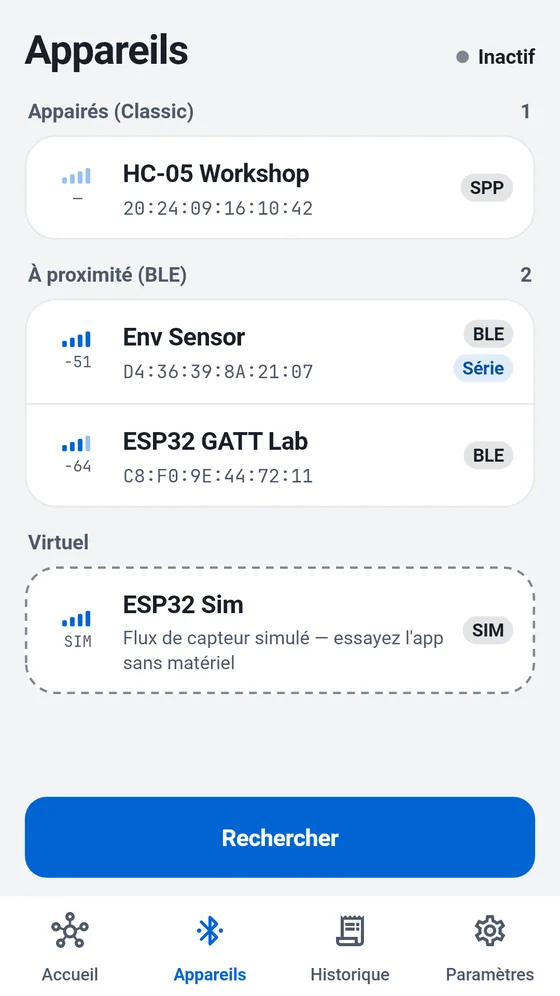 Liste des appareils de BlueTerm avec appareils Classic appairés, appareils BLE à proximité et simulateur