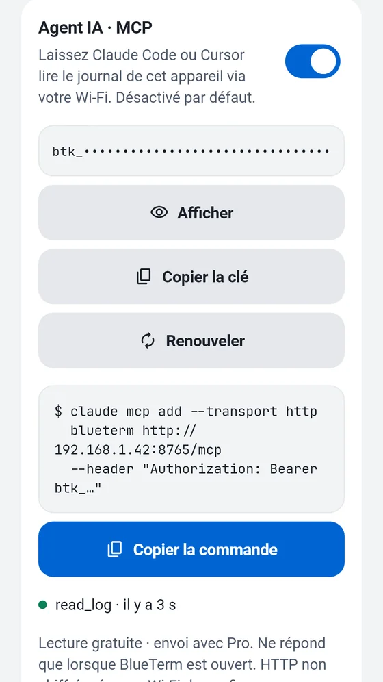 Panneau Agent IA (MCP) de BlueTerm avec la clé d'accès et la commande à copier dans un client MCP