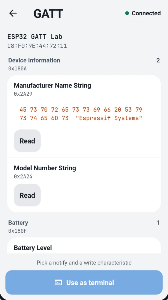 BlueTerm GATT explorer showing services and characteristics of a BLE device