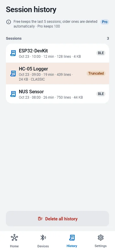 Historique des sessions de BlueTerm listant les sessions passées avec appareil, heure, nombre de lignes et taille