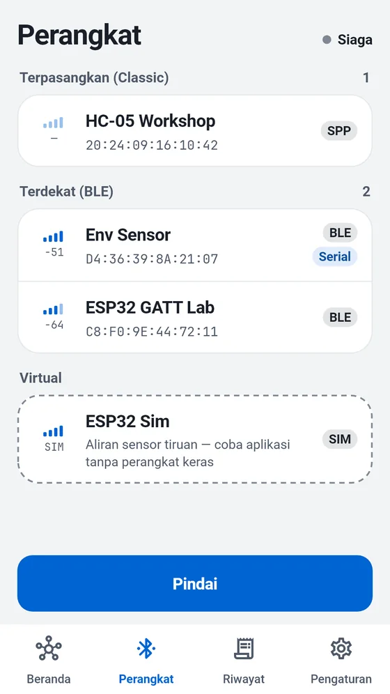 Daftar perangkat BlueTerm dengan perangkat Classic yang dipasangkan, BLE di sekitar, dan simulator