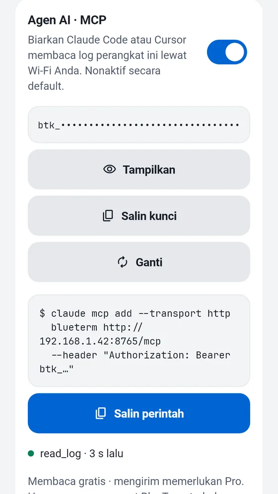 Panel Agen AI (MCP) BlueTerm dengan kunci akses dan perintah untuk disalin ke klien MCP