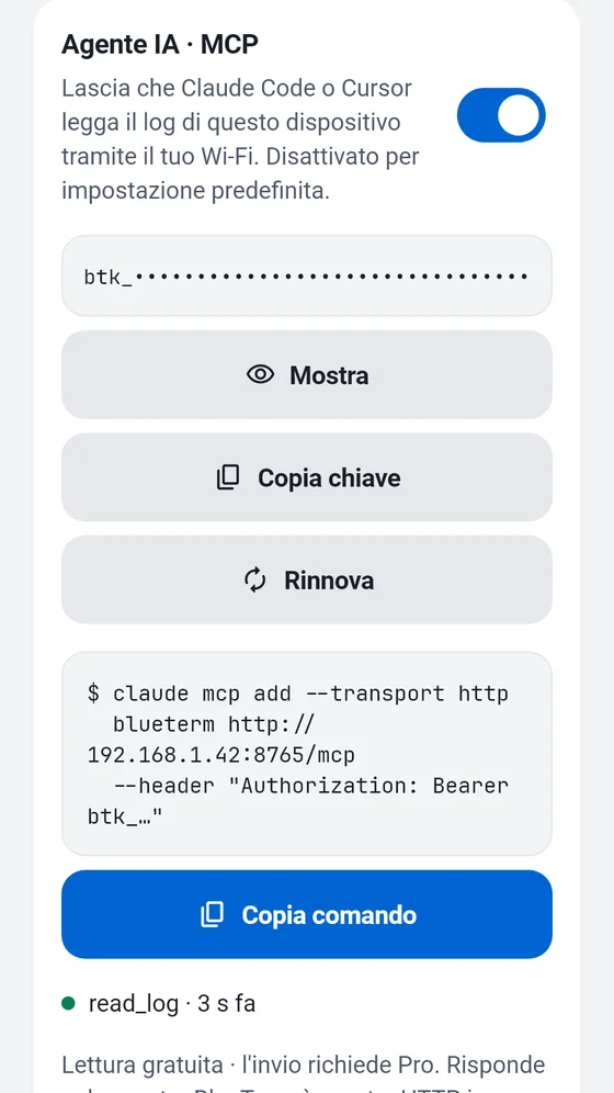 Pannello Agente IA (MCP) di BlueTerm con la chiave di accesso e il comando da copiare in un client MCP