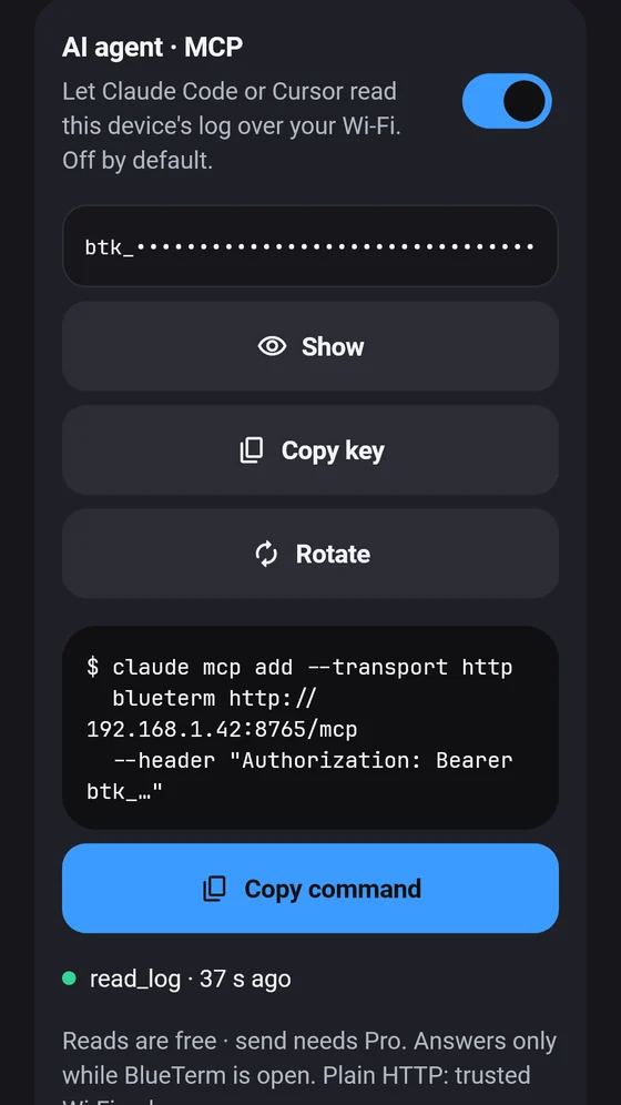 BlueTerm AI agent (MCP) panel with the access key and the command to copy into an MCP client