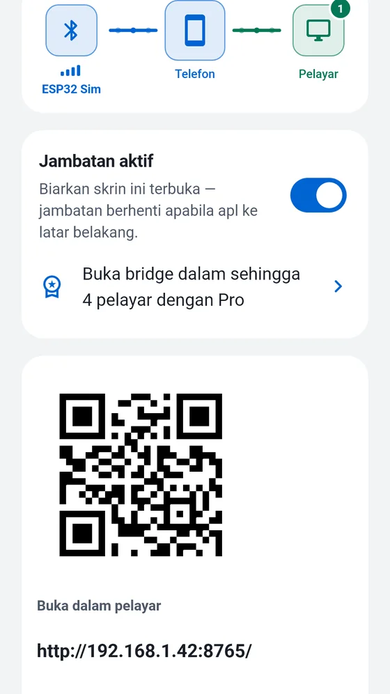 Skrin Jambatan BlueTerm dengan jambatan dihidupkan, kod QR dan alamat setempat untuk dibuka dalam pelayar