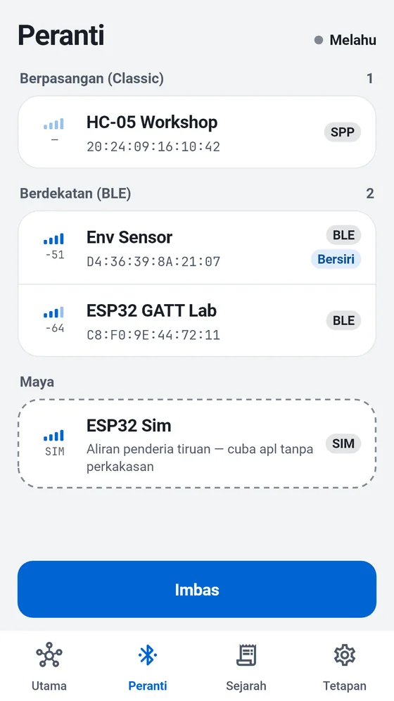 Senarai peranti BlueTerm dengan peranti Classic yang dipasangkan, BLE berdekatan dan simulator