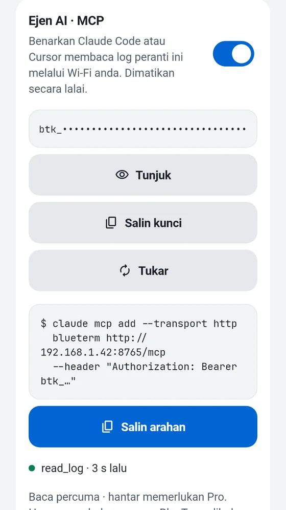 Panel Ejen AI (MCP) BlueTerm dengan kunci akses dan arahan untuk disalin ke klien MCP