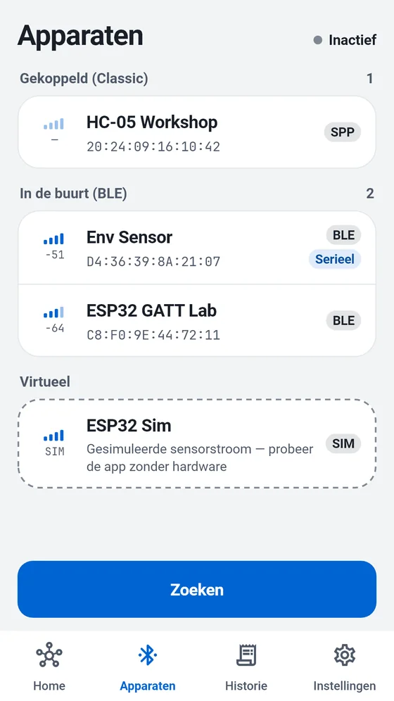 BlueTerm-apparatenlijst met gekoppelde Classic-, BLE-apparaten in de buurt en de simulator