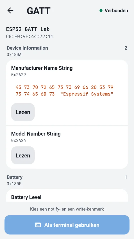 BlueTerm GATT-verkenner met services en kenmerken van een BLE-apparaat