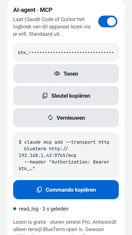 BlueTerm-paneel AI-agent (MCP) met de toegangssleutel en het commando om naar een MCP-client te kopiëren