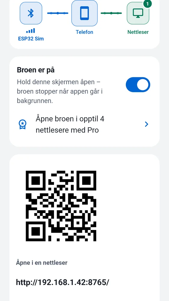 BlueTerms Bro-skjerm med broen slått på, en QR-kode og den lokale adressen som skal åpnes i en nettleser