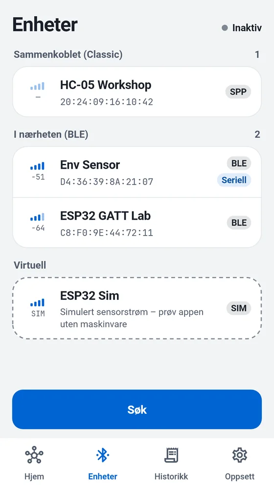 BlueTerms enhetsliste med sammenkoblede Classic-enheter, BLE-enheter i nærheten og simulatoren