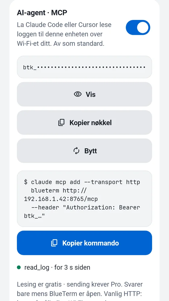 BlueTerms panel for AI-agent (MCP) med tilgangsnøkkelen og kommandoen som kopieres til en MCP-klient