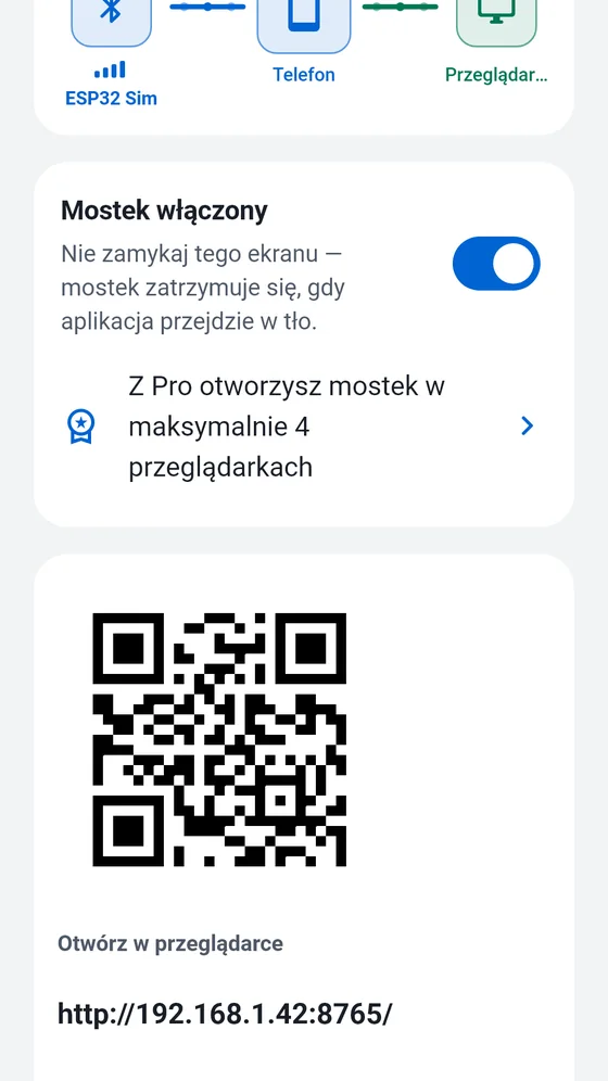 Ekran Mostek w BlueTerm z włączonym mostkiem, kodem QR i lokalnym adresem do otwarcia w przeglądarce
