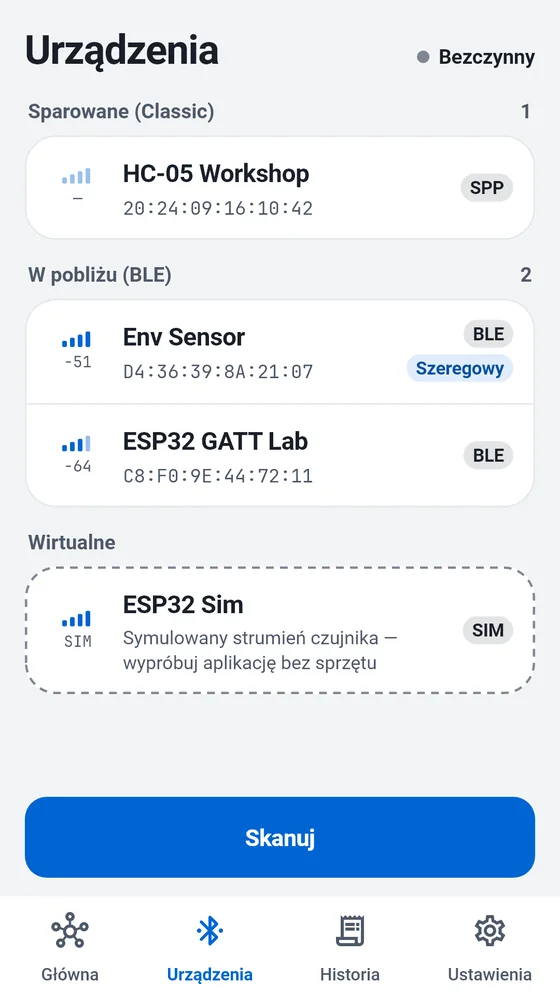 Lista urządzeń w BlueTerm ze sparowanymi urządzeniami Classic, pobliskimi urządzeniami BLE i symulatorem