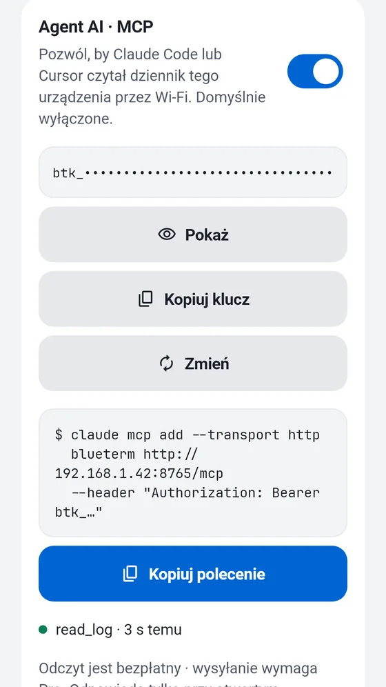 Panel Agent AI (MCP) w BlueTerm z kluczem dostępu i poleceniem do skopiowania do klienta MCP