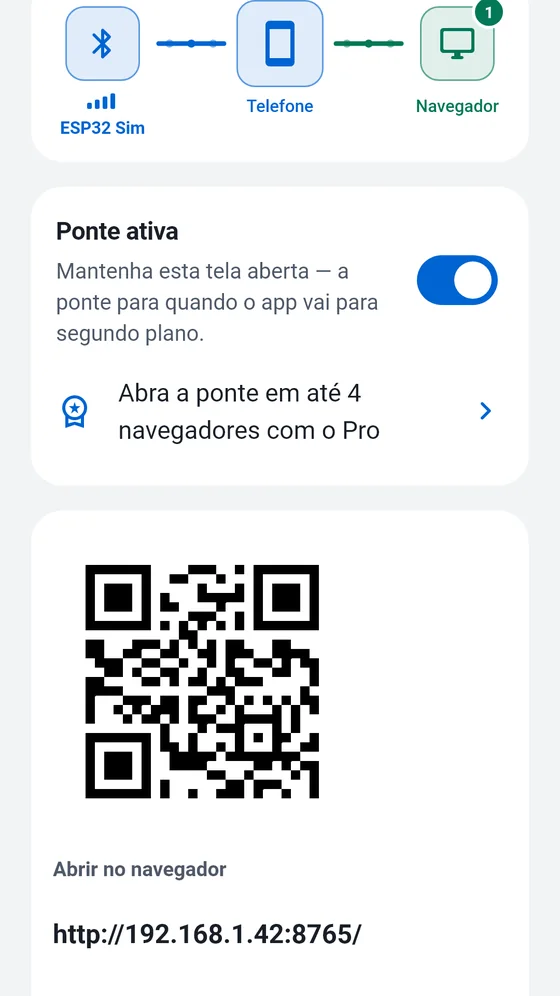 Tela Ponte do BlueTerm com a ponte ligada, um QR code e o endereço local para abrir no navegador