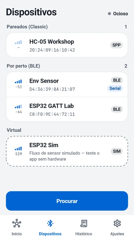 Lista de dispositivos do BlueTerm com dispositivos Classic pareados, BLE próximos e simulador