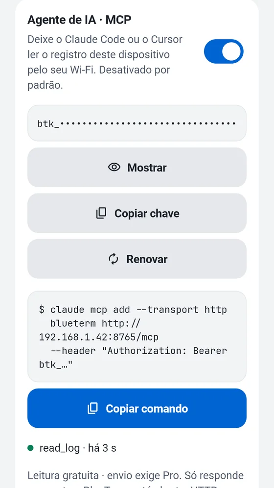 Painel Agente de IA (MCP) do BlueTerm com a chave de acesso e o comando para copiar em um cliente MCP