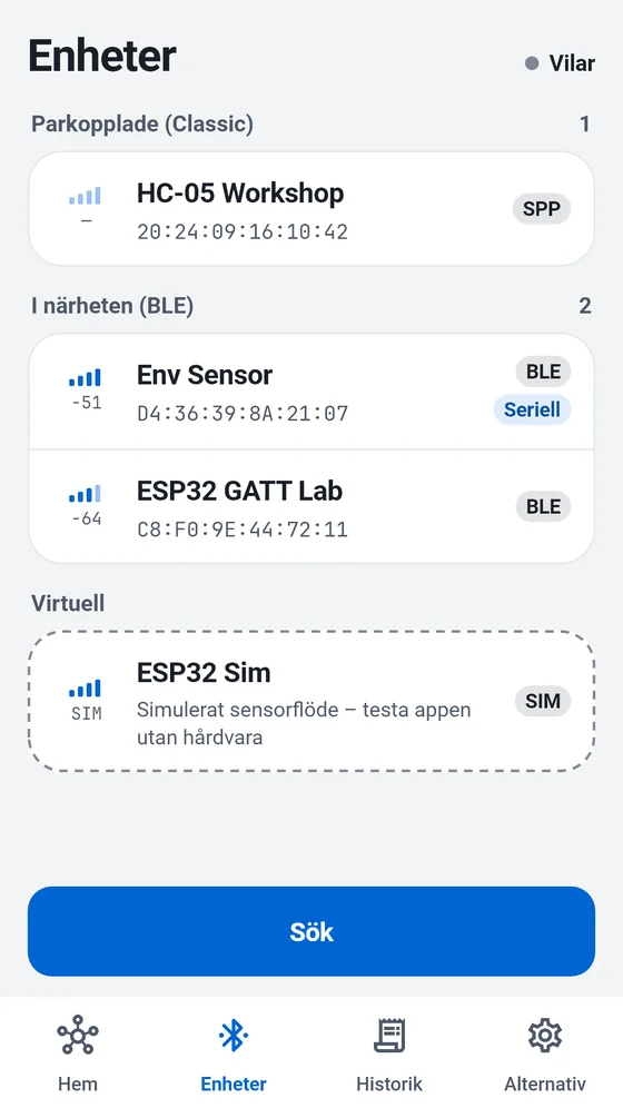 BlueTerms enhetslista med parkopplade Classic-enheter, BLE-enheter i närheten och simulatorn