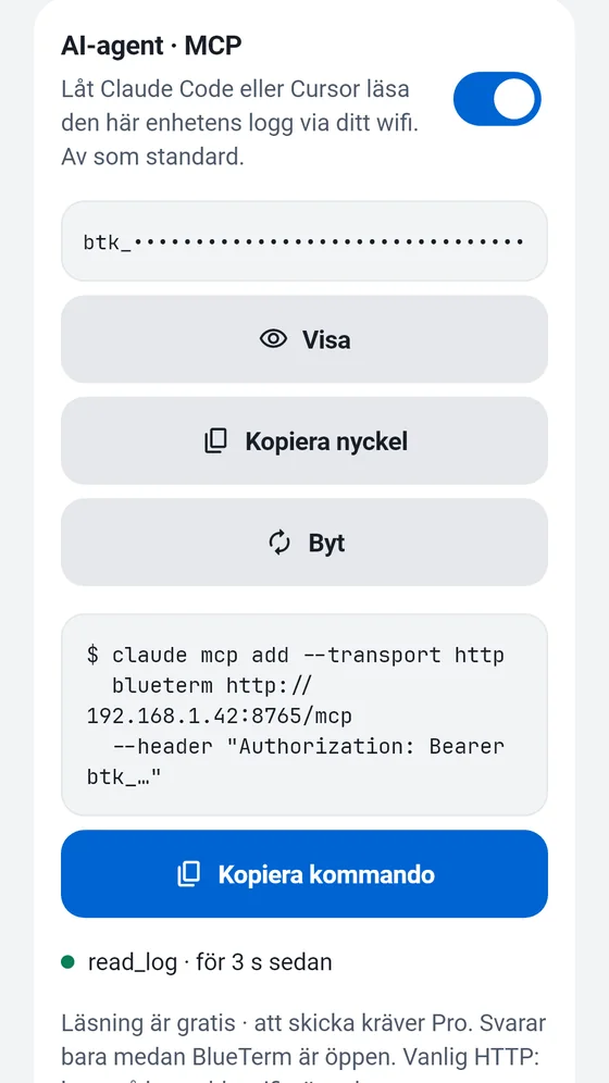 BlueTerms panel AI-agent (MCP) med åtkomstnyckeln och kommandot att kopiera till en MCP-klient